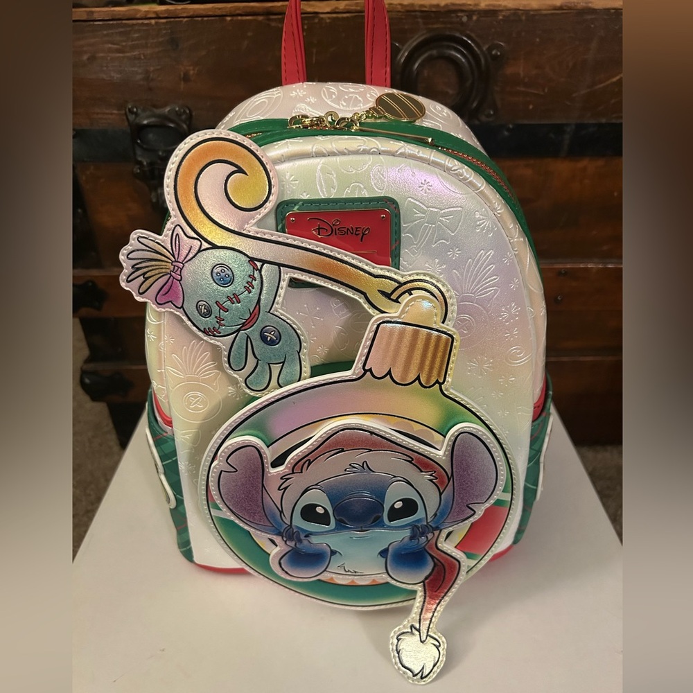 Disney Loungefly Stitch & Scrump Iridescent Holiday Ornament Mini Backpack NWT